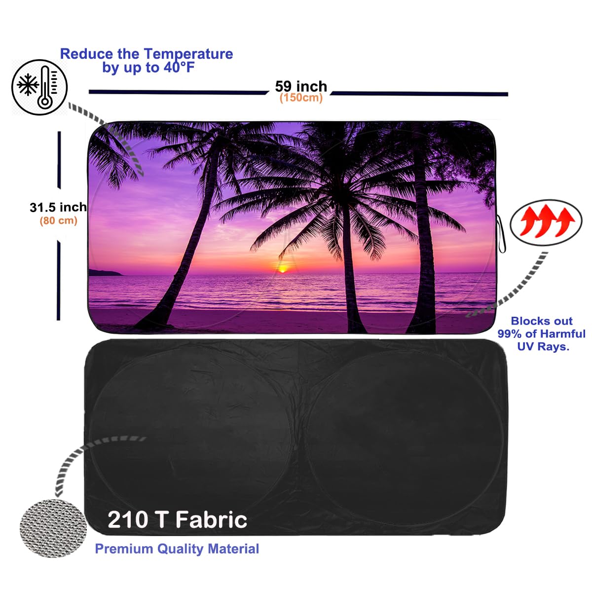 Gven Windshield Sun Shade, Foldable Purple Sunset Vehicle Windshield Protecion Heat Reduction Front Windshield Sun Shade Blocks